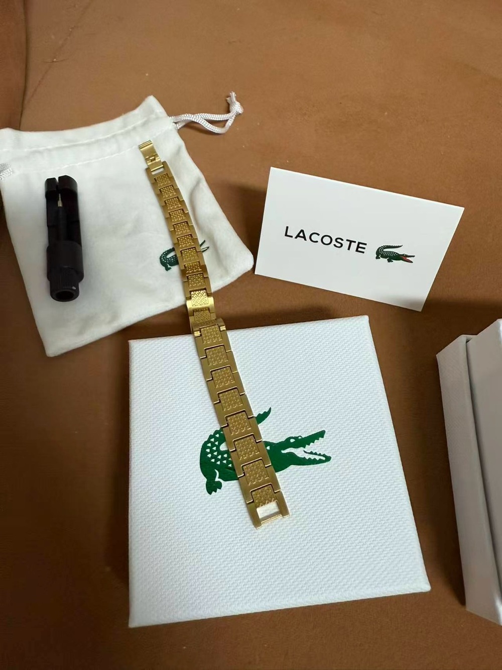 Lacoste Men's Gold-Tone Link Bracelet with Croc Logo Accent